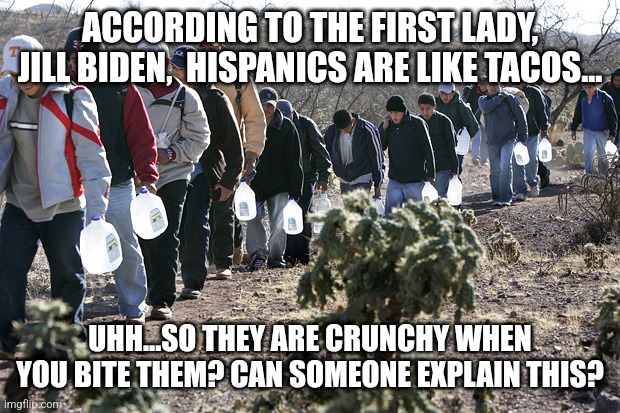 Remember when libs lost their minds after Trump said if you hate America, you can move away? But they are silent about THIS? | ACCORDING TO THE FIRST LADY, JILL BIDEN,  HISPANICS ARE LIKE TACOS... UHH...SO THEY ARE CRUNCHY WHEN YOU BITE THEM? CAN SOMEONE EXPLAIN THIS? | image tagged in illegal immigrants crossing border,cannibalism,liberal hypocrisy,tacos,hispanic,racism | made w/ Imgflip meme maker