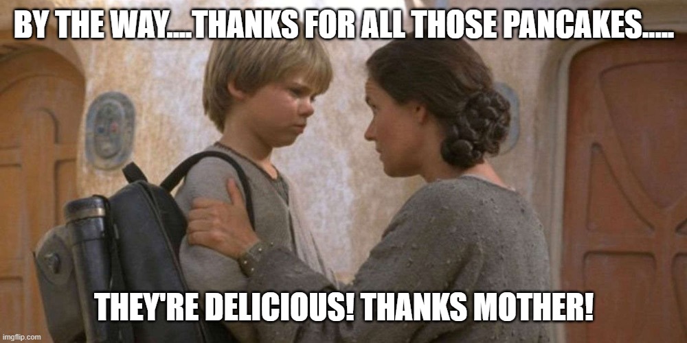 BY THE WAY....THANKS FOR ALL THOSE PANCAKES..... THEY'RE DELICIOUS! THANKS MOTHER! | made w/ Imgflip meme maker