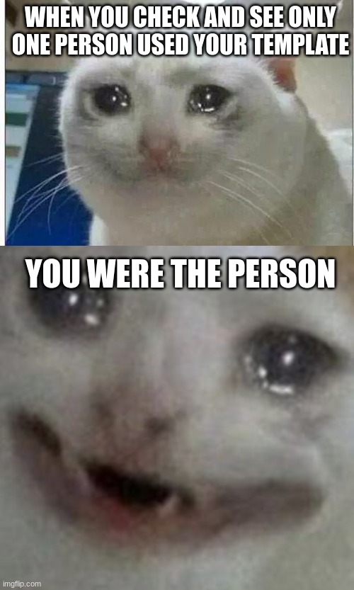 *cries self to sleep* | WHEN YOU CHECK AND SEE ONLY ONE PERSON USED YOUR TEMPLATE; YOU WERE THE PERSON | image tagged in crying cat | made w/ Imgflip meme maker