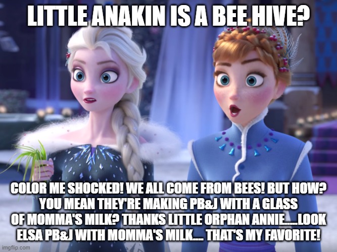 Elsa and Anna SHOCKED! | LITTLE ANAKIN IS A BEE HIVE? COLOR ME SHOCKED! WE ALL COME FROM BEES! BUT HOW?
YOU MEAN THEY'RE MAKING PB&J WITH A GLASS OF MOMMA'S MILK? TH | image tagged in elsa and anna shocked | made w/ Imgflip meme maker