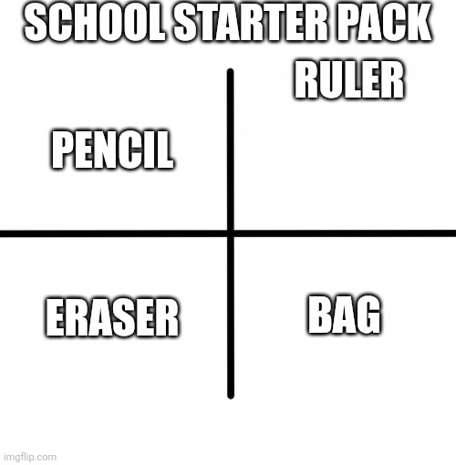 Blank Starter Pack Meme | SCHOOL STARTER PACK; RULER; PENCIL; ERASER; BAG | image tagged in memes,blank starter pack | made w/ Imgflip meme maker