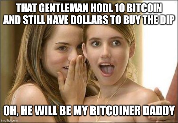 Girls gossiping | THAT GENTLEMAN HODL 10 BITCOIN AND STILL HAVE DOLLARS TO BUY THE DIP; OH, HE WILL BE MY BITCOINER DADDY | image tagged in girls gossiping | made w/ Imgflip meme maker