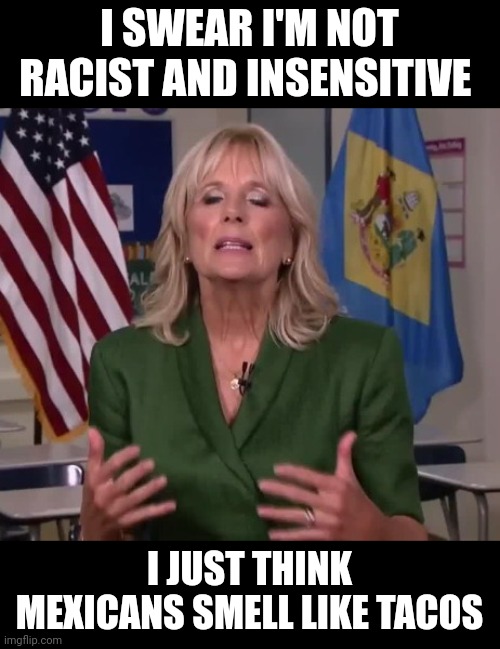 Remember when the left continuously called Trump a racist over insensitive comments about Mexicans? I remember. | I SWEAR I'M NOT RACIST AND INSENSITIVE; I JUST THINK MEXICANS SMELL LIKE TACOS | image tagged in jill biden | made w/ Imgflip meme maker