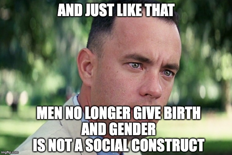 And Just Like That Meme | AND JUST LIKE THAT MEN NO LONGER GIVE BIRTH
AND GENDER IS NOT A SOCIAL CONSTRUCT | image tagged in memes,and just like that | made w/ Imgflip meme maker