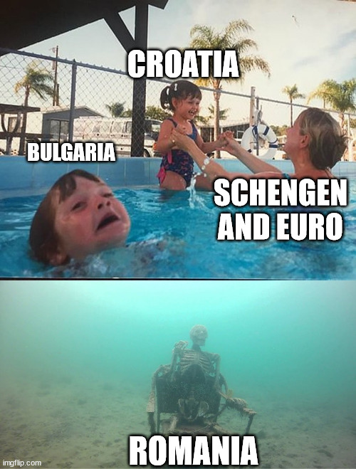 drowning kid + skeleton | CROATIA; BULGARIA; SCHENGEN AND EURO; ROMANIA | image tagged in drowning kid skeleton | made w/ Imgflip meme maker