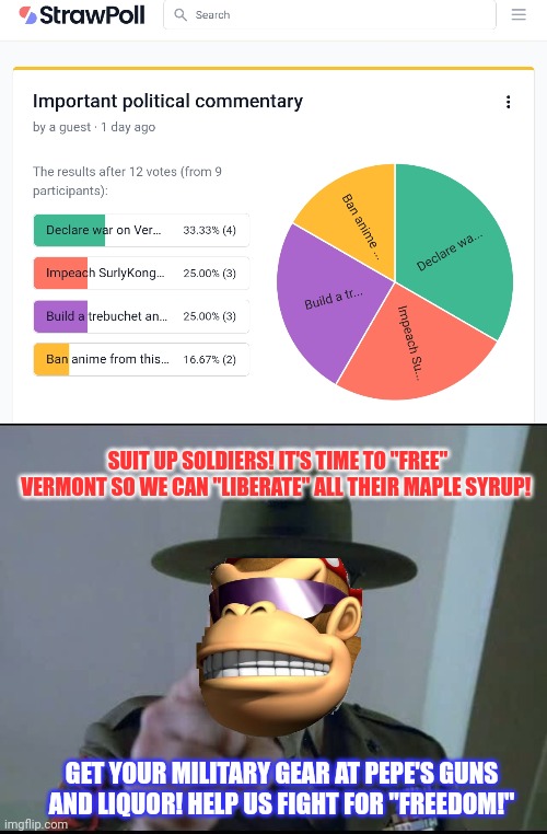 The people have spoken | SUIT UP SOLDIERS! IT'S TIME TO "FREE" VERMONT SO WE CAN "LIBERATE" ALL THEIR MAPLE SYRUP! GET YOUR MILITARY GEAR AT PEPE'S GUNS AND LIQUOR! HELP US FIGHT FOR "FREEDOM!" | image tagged in sargent hartman,monkee,vermont,invasion | made w/ Imgflip meme maker