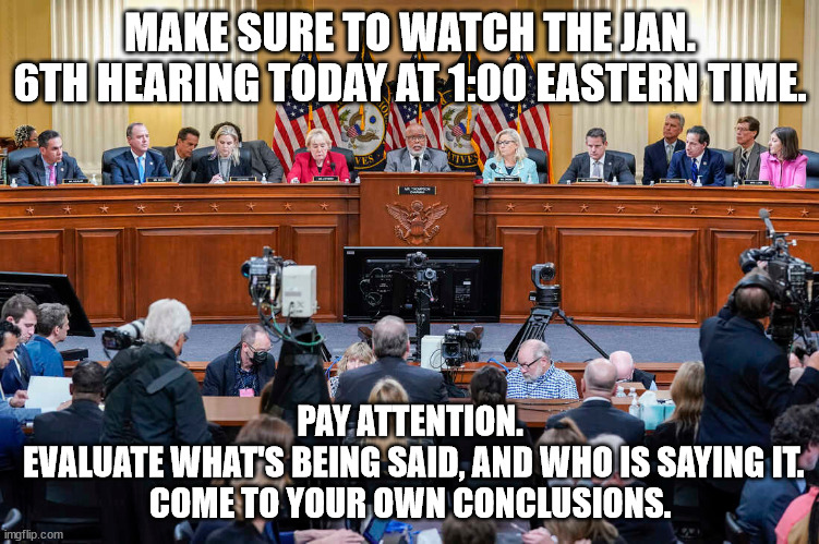 This is important to our democracy. All hearings should be accessible on a gov't website. | MAKE SURE TO WATCH THE JAN. 6TH HEARING TODAY AT 1:00 EASTERN TIME. PAY ATTENTION.
 EVALUATE WHAT'S BEING SAID, AND WHO IS SAYING IT.
COME TO YOUR OWN CONCLUSIONS. | image tagged in jan 6th hearings,trump treason,attack on democracy | made w/ Imgflip meme maker