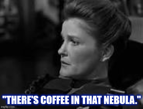 "There's coffee in that nebula." | "THERE'S COFFEE IN THAT NEBULA." | image tagged in coffee,janeway,star trek,voyager,star trek voyager,nebula | made w/ Imgflip meme maker