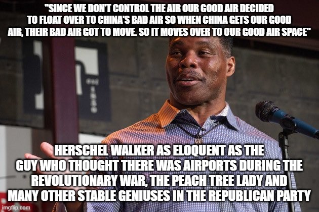 Herschel Walker | "SINCE WE DON'T CONTROL THE AIR OUR GOOD AIR DECIDED TO FLOAT OVER TO CHINA'S BAD AIR SO WHEN CHINA GETS OUR GOOD AIR, THEIR BAD AIR GOT TO MOVE. SO IT MOVES OVER TO OUR GOOD AIR SPACE"; HERSCHEL WALKER AS ELOQUENT AS THE GUY WHO THOUGHT THERE WAS AIRPORTS DURING THE REVOLUTIONARY WAR, THE PEACH TREE LADY AND MANY OTHER STABLE GENIUSES IN THE REPUBLICAN PARTY | image tagged in herschel walker | made w/ Imgflip meme maker