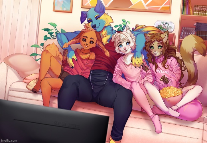 Movie night with the bois (By Yuukari-nee) | image tagged in furry,femboy,cute,movie night,adorable | made w/ Imgflip meme maker