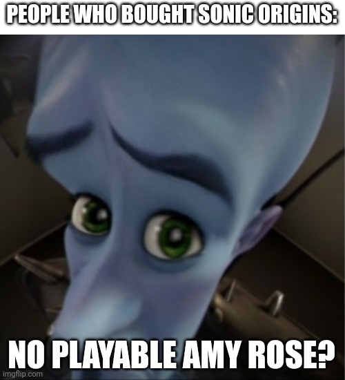 Megamind peeking | PEOPLE WHO BOUGHT SONIC ORIGINS: NO PLAYABLE AMY ROSE? | image tagged in megamind peeking | made w/ Imgflip meme maker