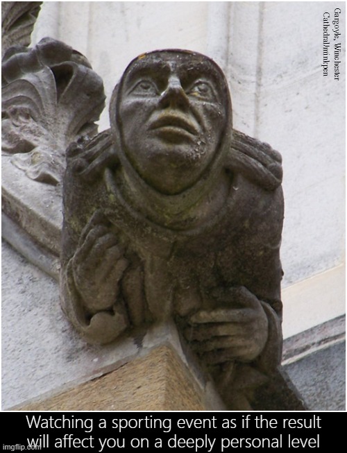Sport | Gargoyle, Winchester Cathedral/minkpen; Watching a sporting event as if the result
will affect you on a deeply personal level | image tagged in art memes,gargoyle,sports,football,basketball,tennis | made w/ Imgflip meme maker