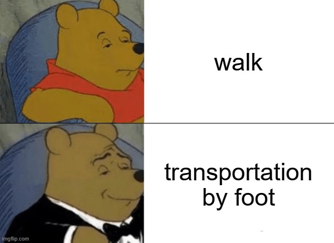 Tuxedo Winnie The Pooh | walk; transportation by foot | image tagged in memes,tuxedo winnie the pooh | made w/ Imgflip meme maker