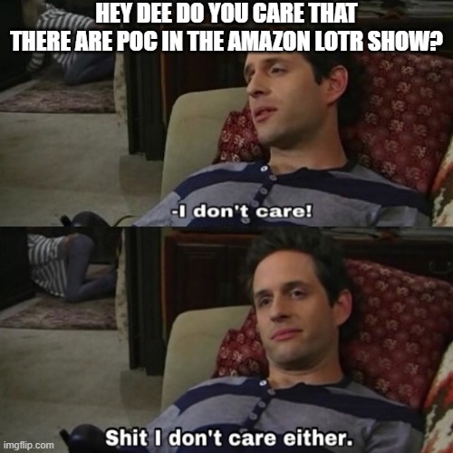 shit i dont care either | HEY DEE DO YOU CARE THAT THERE ARE POC IN THE AMAZON LOTR SHOW? | image tagged in shit i dont care either | made w/ Imgflip meme maker