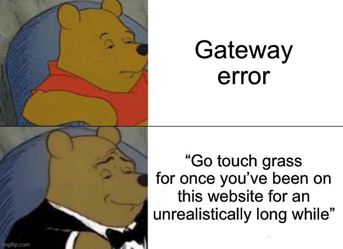 Tuxedo Winnie The Pooh | Gateway error; “Go touch grass for once you’ve been on this website for an unrealistically long while” | image tagged in memes,tuxedo winnie the pooh | made w/ Imgflip meme maker