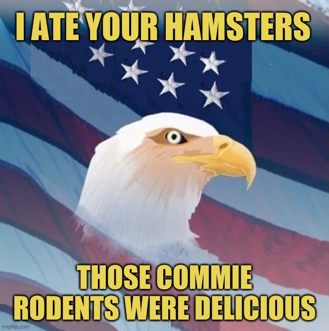 Bald Metaphor Eagle | I ATE YOUR HAMSTERS; THOSE COMMIE RODENTS WERE DELICIOUS | image tagged in patriotic eagle,hamster,metaphors,democracy,communism,predator | made w/ Imgflip meme maker