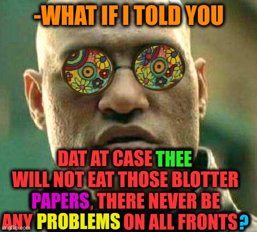 -Dude, so real. | -WHAT IF I TOLD YOU; DAT AT CASE THEE WILL NOT EAT THOSE BLOTTER PAPERS, THERE NEVER BE ANY PROBLEMS ON ALL FRONTS? THEE; PAPERS; PROBLEMS; ? | image tagged in acid kicks in morpheus,acid,drugs are bad,don't do drugs,police chasing guy,prison bars | made w/ Imgflip meme maker