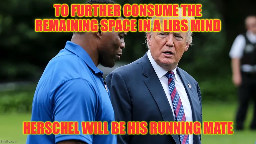 Herschel Walker Trump | TO FURTHER CONSUME THE REMAINING SPACE IN A LIBS MIND; HERSCHEL WILL BE HIS RUNNING MATE | image tagged in herschel walker trump | made w/ Imgflip meme maker