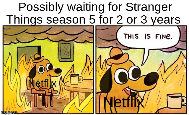 This Is Fine | Possibly waiting for Stranger Things season 5 for 2 or 3 years; Netflix; Netflix | image tagged in memes,this is fine,netflix | made w/ Imgflip meme maker
