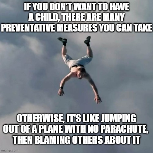 Man falling without a parachute | IF YOU DON'T WANT TO HAVE A CHILD, THERE ARE MANY PREVENTATIVE MEASURES YOU CAN TAKE; OTHERWISE, IT'S LIKE JUMPING OUT OF A PLANE WITH NO PARACHUTE, 
THEN BLAMING OTHERS ABOUT IT | image tagged in man falling without a parachute | made w/ Imgflip meme maker