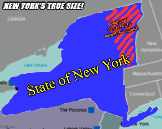 Vermontphobia | NEW YORK’S TRUE SIZE! “Vermont”
(ILLEGALLY seperatist-occupied); State of New York | image tagged in vermontphobia,ver,mont,pho,bi,a | made w/ Imgflip meme maker