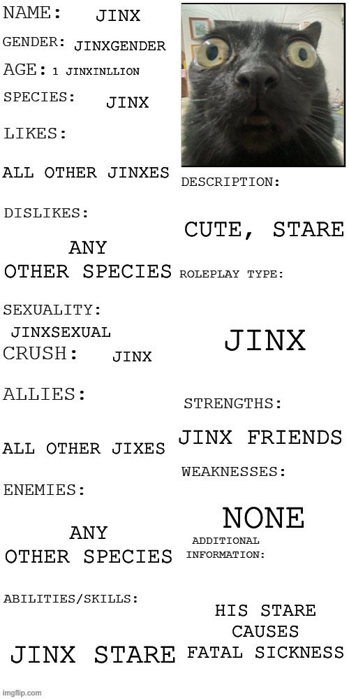 jinx | JINX; JINXGENDER; 1 JINXINLLION; JINX; ALL OTHER JINXES; CUTE, STARE; ANY OTHER SPECIES; JINX; JINXSEXUAL; JINX; JINX FRIENDS; ALL OTHER JIXES; NONE; ANY OTHER SPECIES; HIS STARE CAUSES FATAL SICKNESS; JINX STARE | image tagged in updated roleplay oc showcase | made w/ Imgflip meme maker