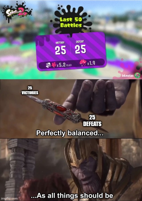 25 VICTORIES; 25 DEFEATS | image tagged in thanos perfectly balanced as all things should be | made w/ Imgflip meme maker