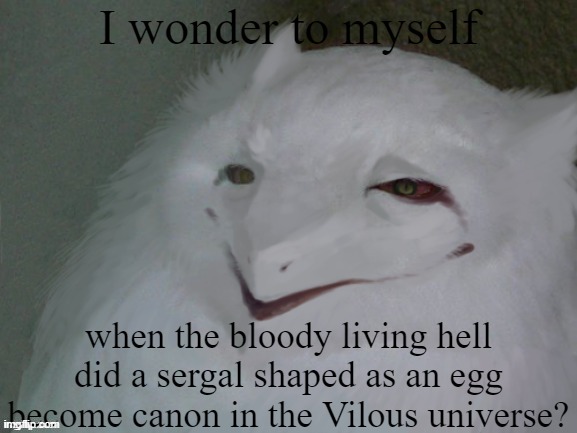 a literal egg | I wonder to myself; when the bloody living hell did a sergal shaped as an egg become canon in the Vilous universe? | image tagged in a literal egg | made w/ Imgflip meme maker