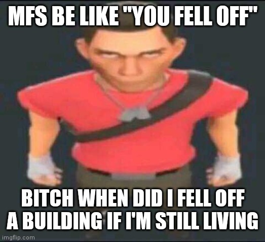 bro | MFS BE LIKE "YOU FELL OFF"; BITCH WHEN DID I FELL OFF A BUILDING IF I'M STILL LIVING | image tagged in bro | made w/ Imgflip meme maker