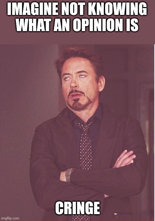 Meme template for comments |  IMAGINE NOT KNOWING WHAT AN OPINION IS; CRINGE | image tagged in memes,face you make robert downey jr | made w/ Imgflip meme maker