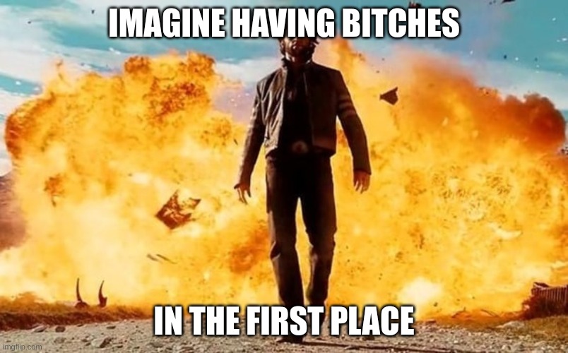 Guy Walking Away From Explosion | IMAGINE HAVING BITCHES; IN THE FIRST PLACE | image tagged in guy walking away from explosion | made w/ Imgflip meme maker