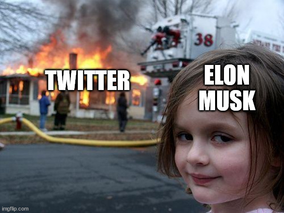 Twitter on Fire | ELON MUSK; TWITTER | image tagged in memes,disaster girl,twitter,elon musk,tesla,funny | made w/ Imgflip meme maker