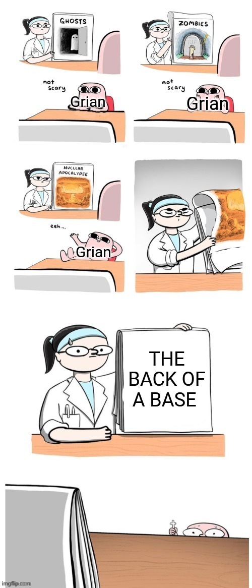 Not Scary | Grian; Grian; Grian; THE BACK OF A BASE | image tagged in not scary | made w/ Imgflip meme maker