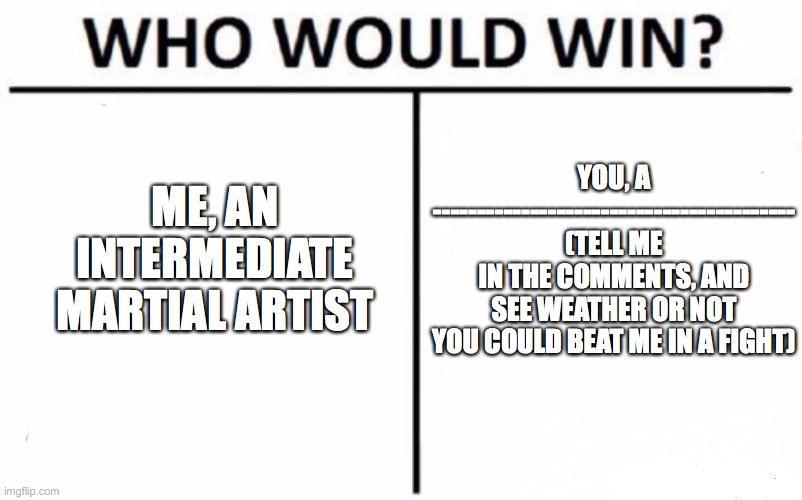 Who Would Win? | YOU, A -----------------------------------------
(TELL ME IN THE COMMENTS, AND SEE WEATHER OR NOT YOU COULD BEAT ME IN A FIGHT); ME, AN INTERMEDIATE MARTIAL ARTIST | image tagged in memes,who would win | made w/ Imgflip meme maker