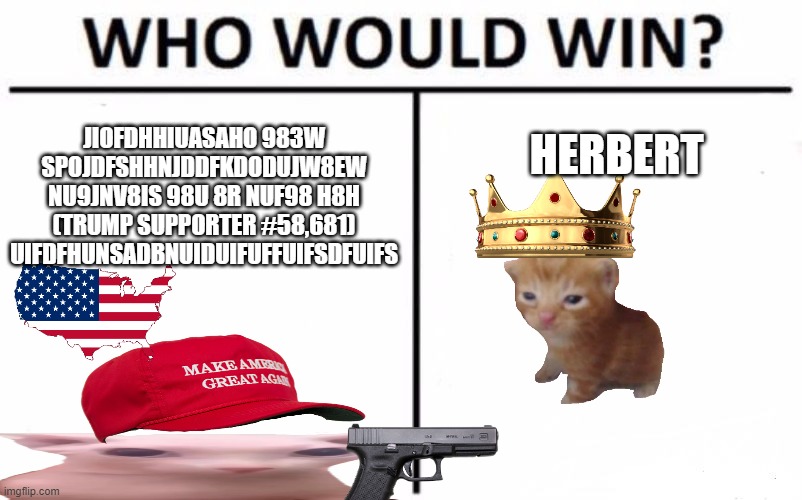 who | JIOFDHHIUASAHO 983W SPOJDFSHHNJDDFKDODUJW8EW NU9JNV8IS 98U 8R NUF98 H8H (TRUMP SUPPORTER #58,681) UIFDFHUNSADBNUIDUIFUFFUIFSDFUIFS; HERBERT | image tagged in memes,who would win | made w/ Imgflip meme maker
