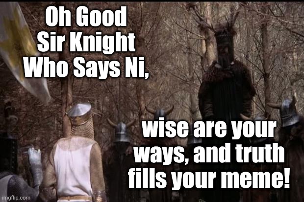 knights who say ni | Oh Good Sir Knight Who Says Ni, wise are your ways, and truth fills your meme! | image tagged in knights who say ni | made w/ Imgflip meme maker