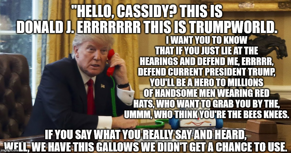 donny the tamperer. | I WANT YOU TO KNOW THAT IF YOU JUST LIE AT THE HEARINGS AND DEFEND ME, ERRRRR, DEFEND CURRENT PRESIDENT TRUMP, YOU'LL BE A HERO TO MILLIONS OF HANDSOME MEN WEARING RED HATS, WHO WANT TO GRAB YOU BY THE, UMMM, WHO THINK YOU'RE THE BEES KNEES. "HELLO, CASSIDY? THIS IS DONALD J. ERRRRRRR THIS IS TRUMPWORLD. IF YOU SAY WHAT YOU REALLY SAY AND HEARD, WELL, WE HAVE THIS GALLOWS WE DIDN'T GET A CHANCE TO USE. | made w/ Imgflip meme maker