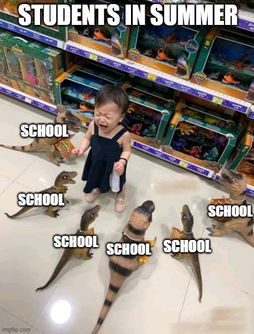 Girl surrounded by toy dinosaurs | STUDENTS IN SUMMER SCHOOL SCHOOL SCHOOL SCHOOL SCHOOL SCHOOL | image tagged in girl surrounded by toy dinosaurs | made w/ Imgflip meme maker