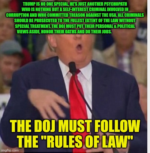 Donald Trump tho | TRUMP IS NO ONE SPECIAL, HE'S JUST ANOTHER PSYCHOPATH WHO IS NOTHING BUT A SELF-INTEREST CRIMINAL INVOLVED IN CORRUPTION AND WHO COMMITTED TREASON AGAINST THE USA. ALL CRIMINALS SHOULD BE PROSECUTED TO THE FULLEST EXTENT OF THE LAW WITHOUT SPECIAL TREATMENT. THE DOJ MUST PUT THEIR PERSONAL & POLITICAL VIEWS ASIDE, HONOR THEIR OATHS AND DO THEIR JOBS. THE DOJ MUST FOLLOW THE "RULES OF LAW" | image tagged in donald trump tho | made w/ Imgflip meme maker