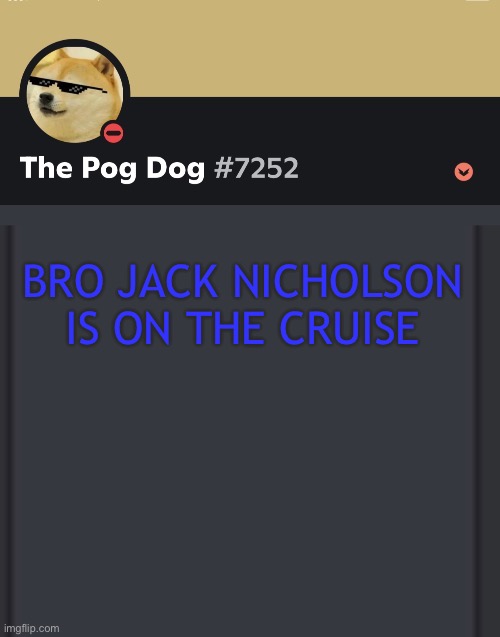 epic doggos epic discord temp | BRO JACK NICHOLSON IS ON THE CRUISE | image tagged in epic doggos epic discord temp | made w/ Imgflip meme maker