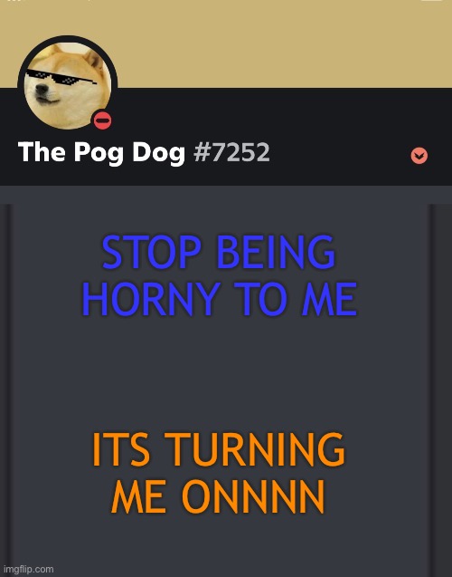 epic doggos epic discord temp | STOP BEING HORNY TO ME; ITS TURNING ME ONNNN | image tagged in epic doggos epic discord temp | made w/ Imgflip meme maker