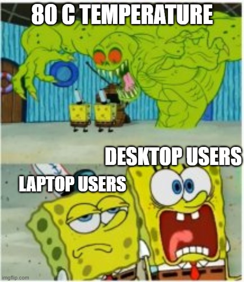 Temperature in Desktop VS Laptop | 80 C TEMPERATURE; DESKTOP USERS; LAPTOP USERS | image tagged in laptop,temperature,pc,pc gaming | made w/ Imgflip meme maker
