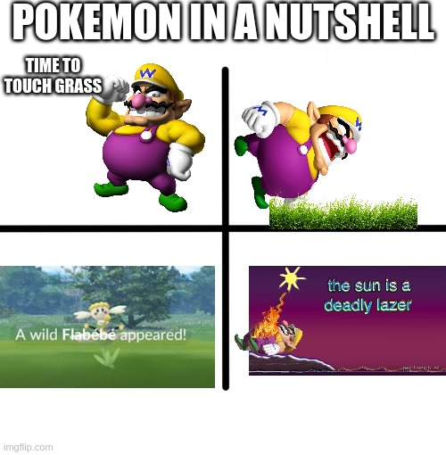 flabebe, the smallest pokemon, can actually learn solar beam | POKEMON IN A NUTSHELL; TIME TO TOUCH GRASS | image tagged in memes,blank starter pack | made w/ Imgflip meme maker