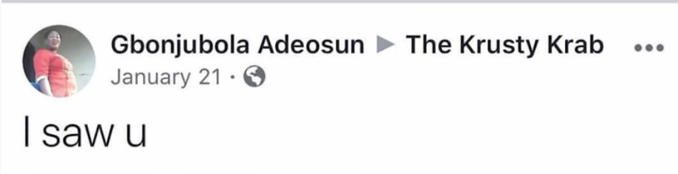 "I saw u" -Gbonjubola Adeosun, January 21, 2019, The Krusty Krab Blank Meme Template