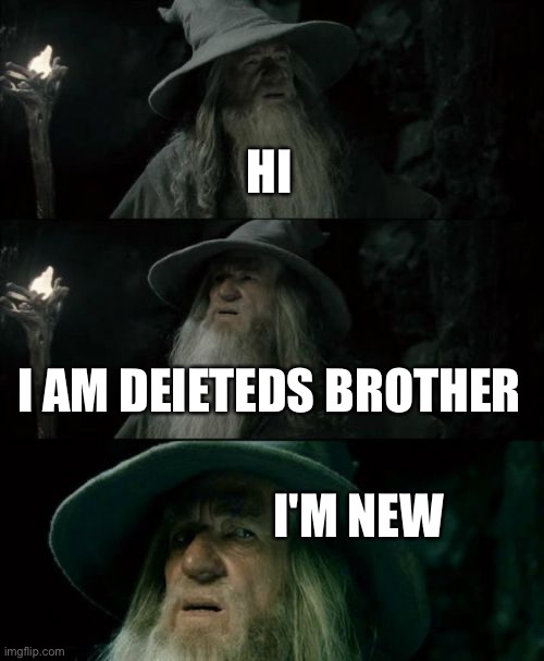Confused Gandalf Meme | HI; I AM DEIETEDS BROTHER; I'M NEW | image tagged in memes,confused gandalf | made w/ Imgflip meme maker