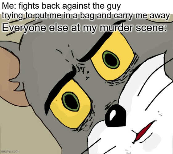 I was just napping... in this dark alleyway... with a knife in my chest... | Me: fights back against the guy trying to put me in a bag and carry me away; Everyone else at my murder scene: | image tagged in memes,unsettled tom | made w/ Imgflip meme maker