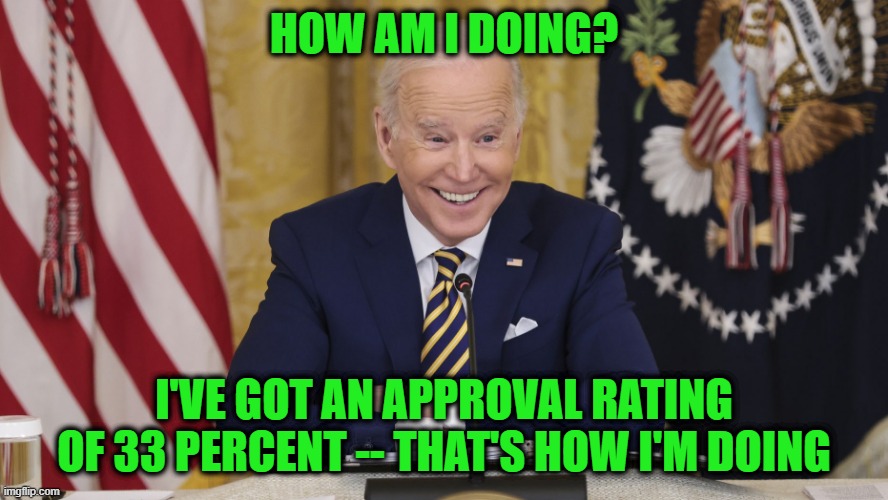 He's Lost Popularity, But Not His Sense of Humor | HOW AM I DOING? I'VE GOT AN APPROVAL RATING OF 33 PERCENT -- THAT'S HOW I'M DOING | image tagged in joe biden,public approval rating | made w/ Imgflip meme maker