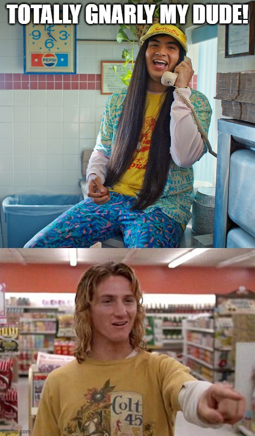 Argyle and Spicolli | TOTALLY GNARLY MY DUDE! | image tagged in argyle meme,spicoli | made w/ Imgflip meme maker