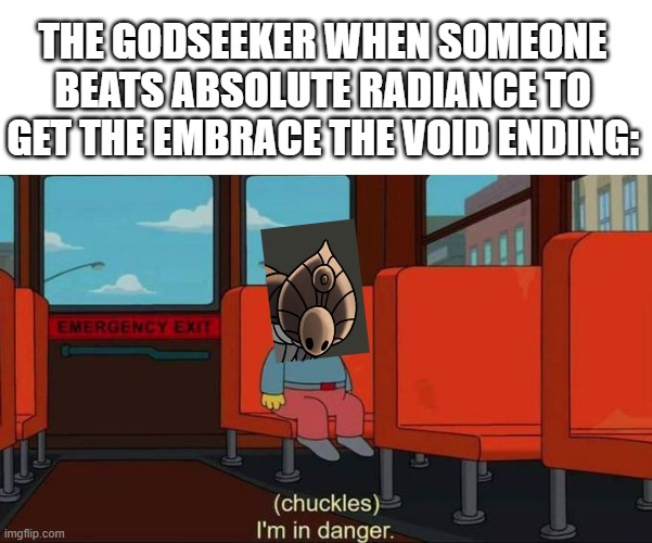 When someone beats pantheon 5 | THE GODSEEKER WHEN SOMEONE BEATS ABSOLUTE RADIANCE TO GET THE EMBRACE THE VOID ENDING: | image tagged in i'm in danger blank place above,im in danger,funny memes | made w/ Imgflip meme maker