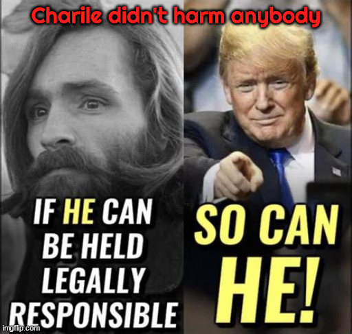 If Charlie got life... | Charile didn't harm anybody | image tagged in charlie manson,donald trump,crime boss,maga,traitor | made w/ Imgflip meme maker